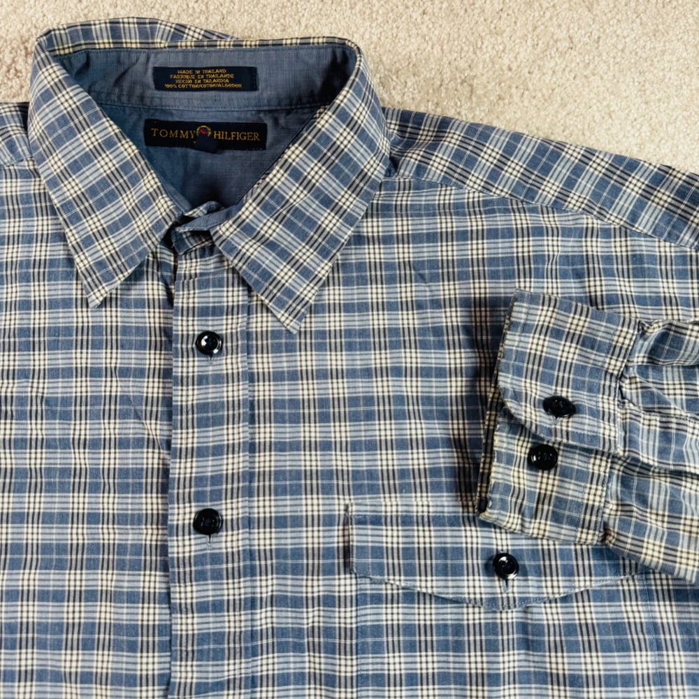 Tommy Hilfiger Mens XL Blue Plaid Long Sleeve Button Down Cotton Crest Shirt